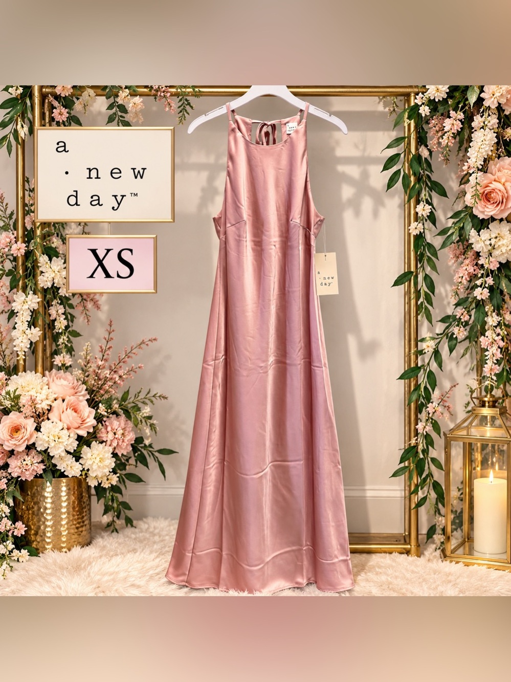 a new day Women's Satin Halter Maxi Slip Dress Pink XS NWT